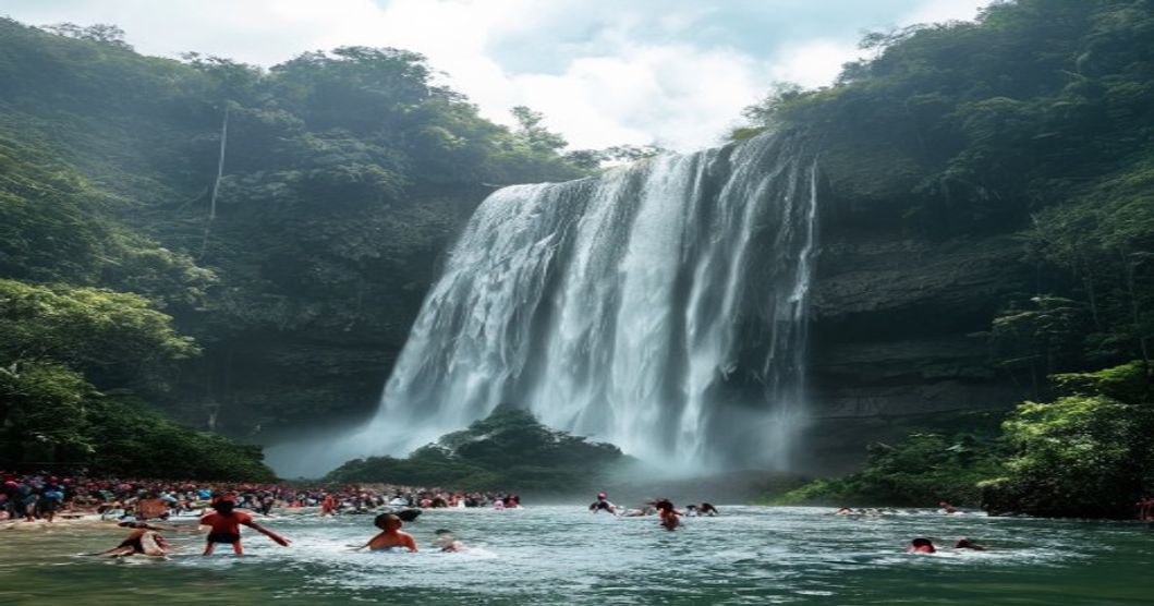 Thác Bobla Di Linh - du khách tắm thác và check-in
